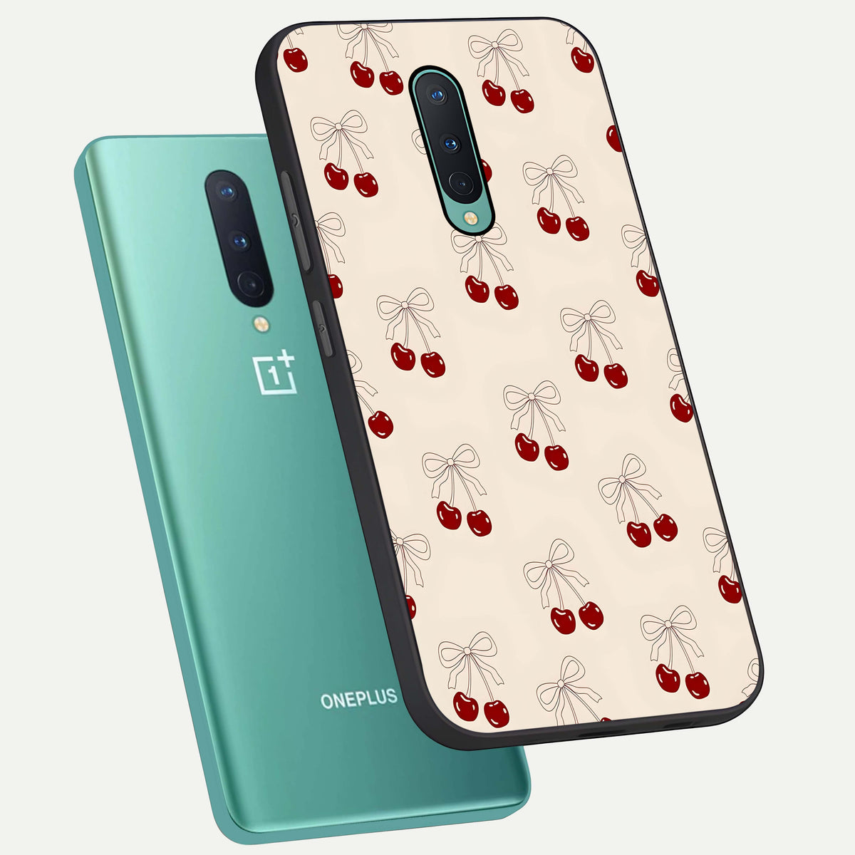  Cute Cherry Pattern phone case For OnePlus 8 showing premium glass back cover with detailed artwork