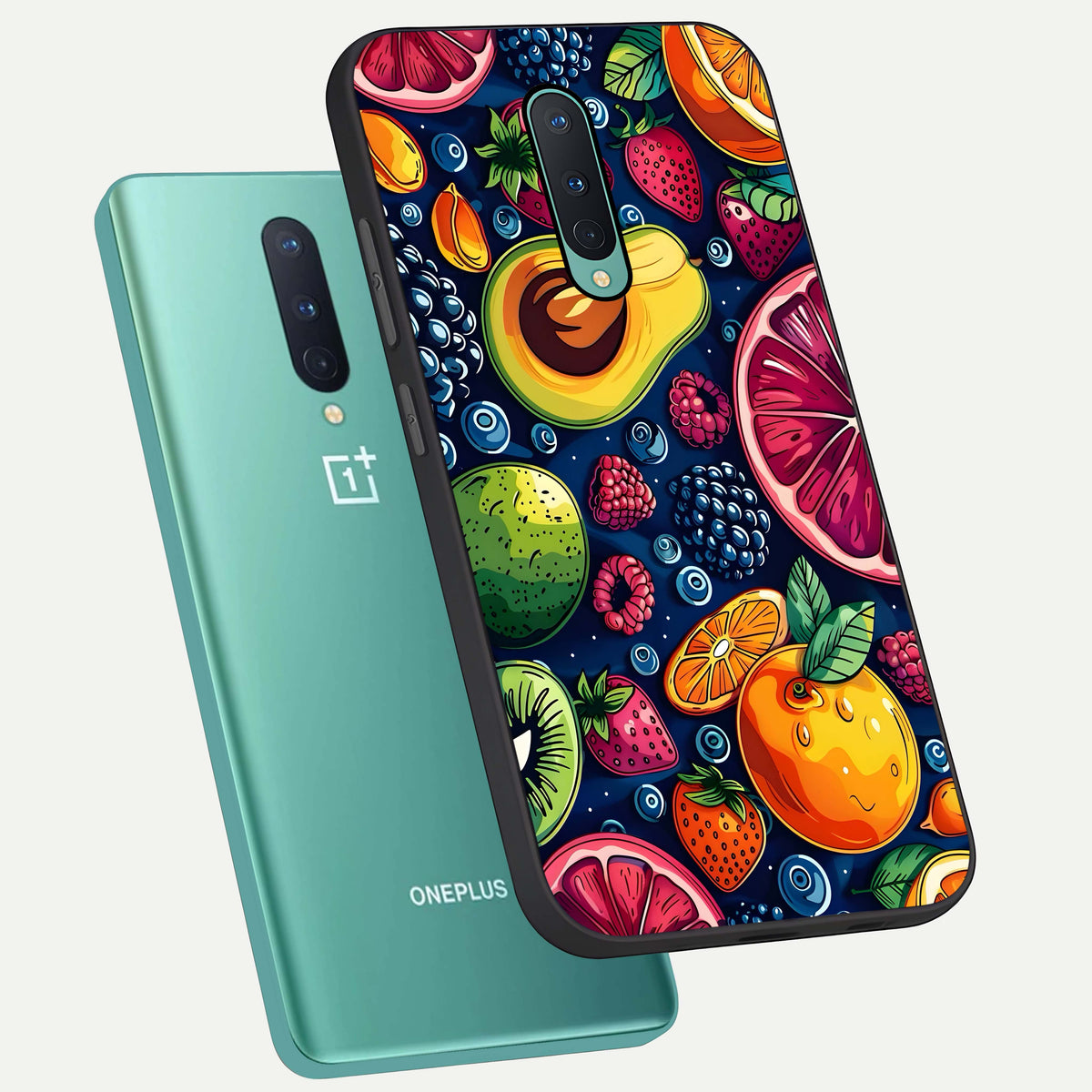  Cute Fruits Art phone case For OnePlus 8 showing premium glass back cover with detailed artwork
