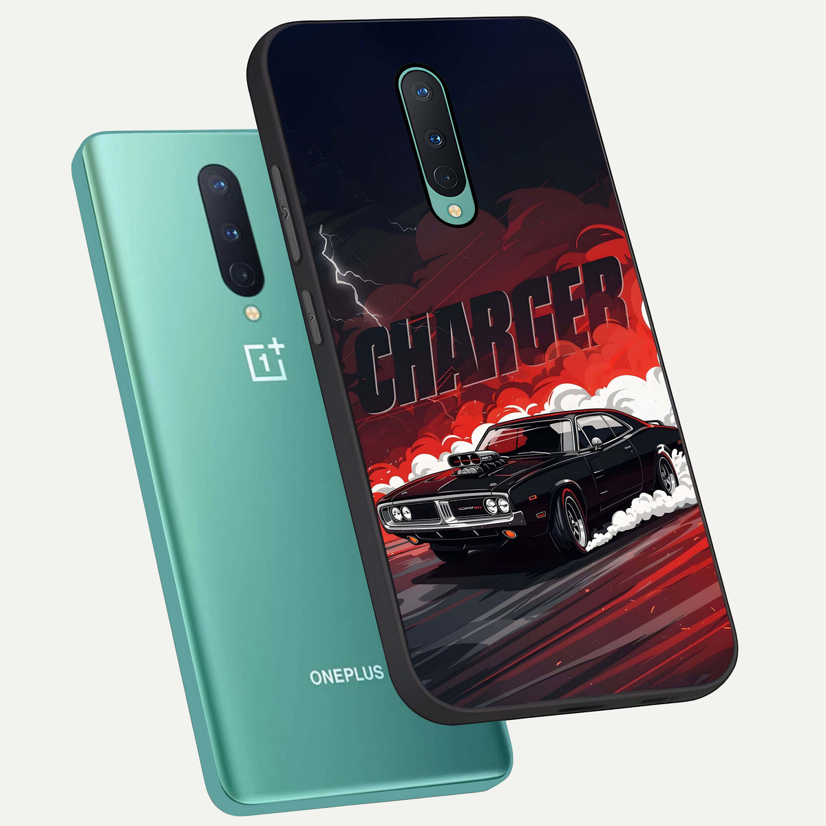  Dark Charger Fury phone case For OnePlus 8 showing premium glass back cover with detailed artwork