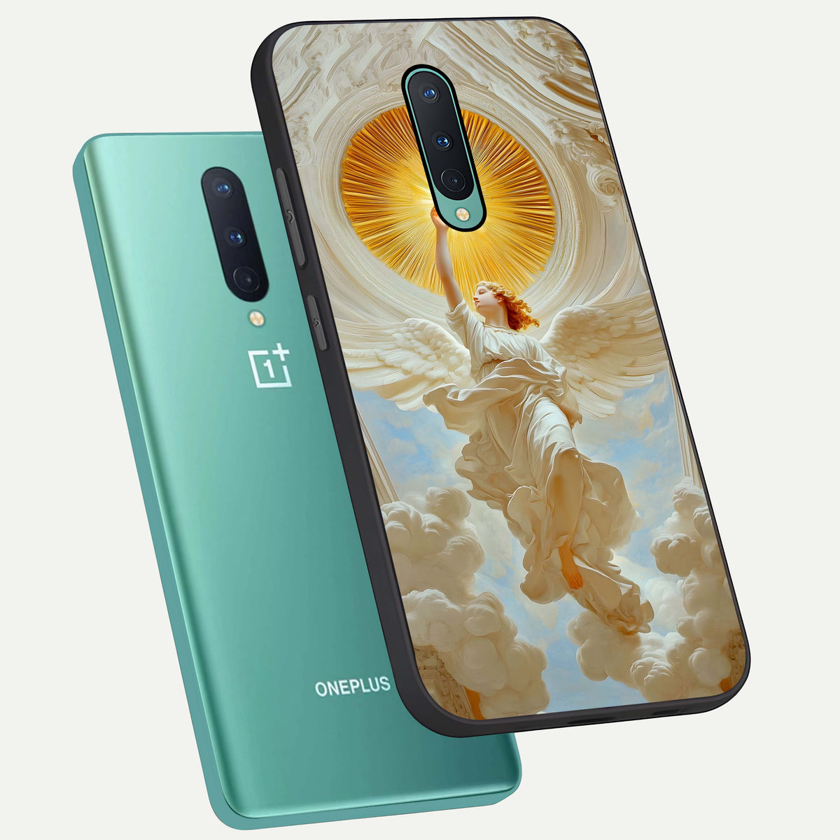  Divine Light Angel phone case For OnePlus 8 showing premium glass back cover with detailed artwork