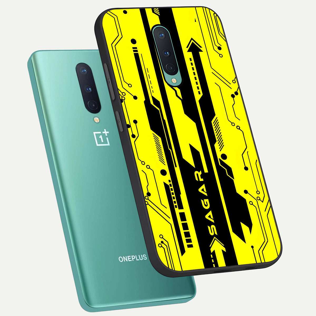  Electric Pulse CYBERPUNK Custom Name phone case For OnePlus 8 showing premium glass back cover with detailed artwork