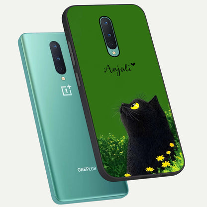  Emerald Cat Custom Name phone case For OnePlus 8 showing premium glass back cover with detailed artwork