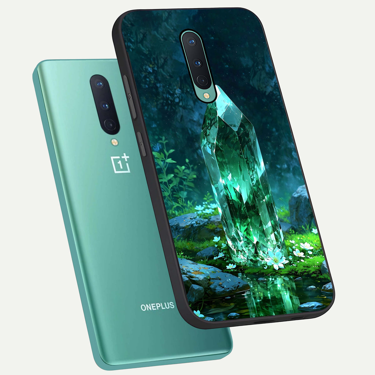  Emerald Light Crystal phone case For OnePlus 8 showing premium glass back cover with detailed artwork