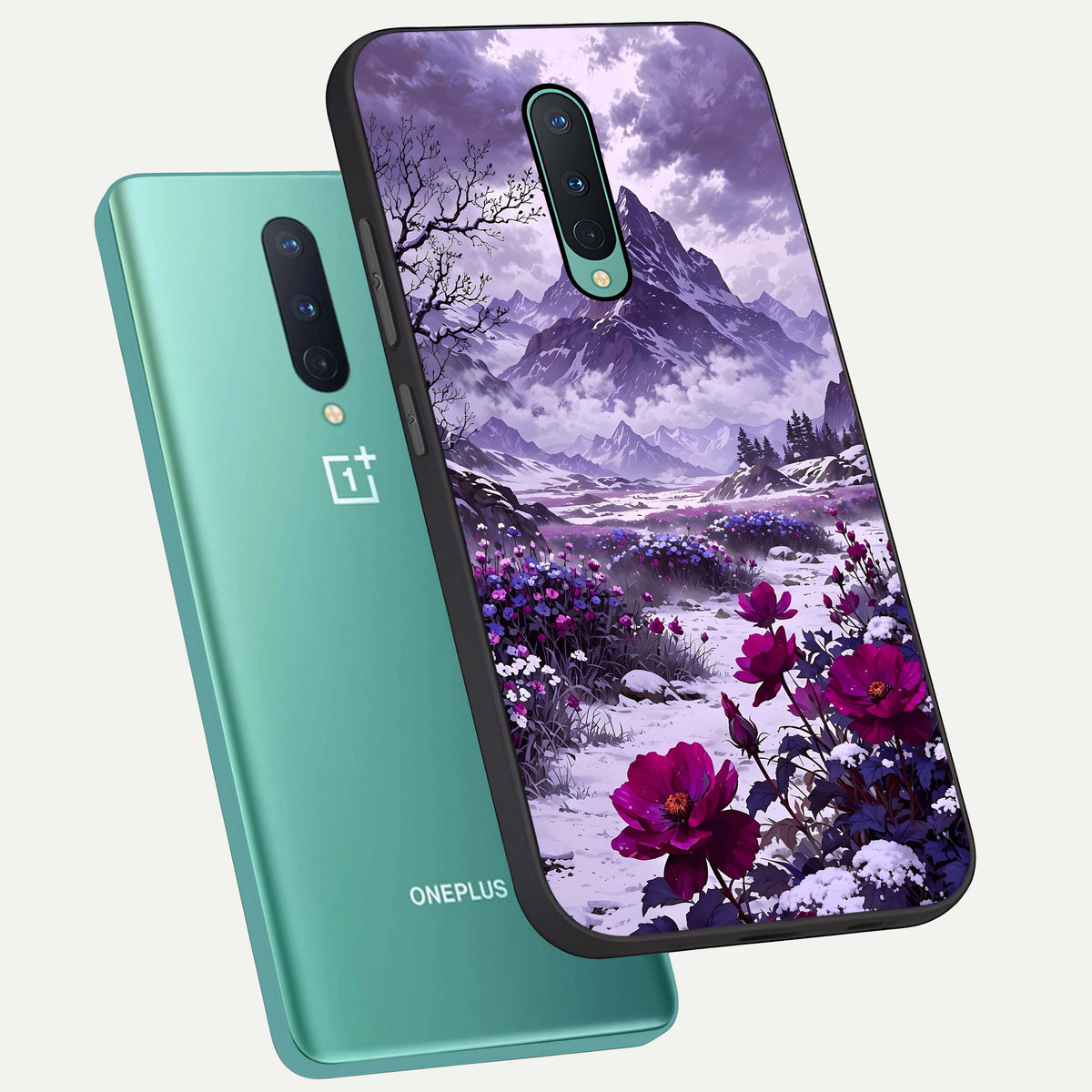  Flower Mountain View phone case For OnePlus 8 showing premium glass back cover with detailed artwork