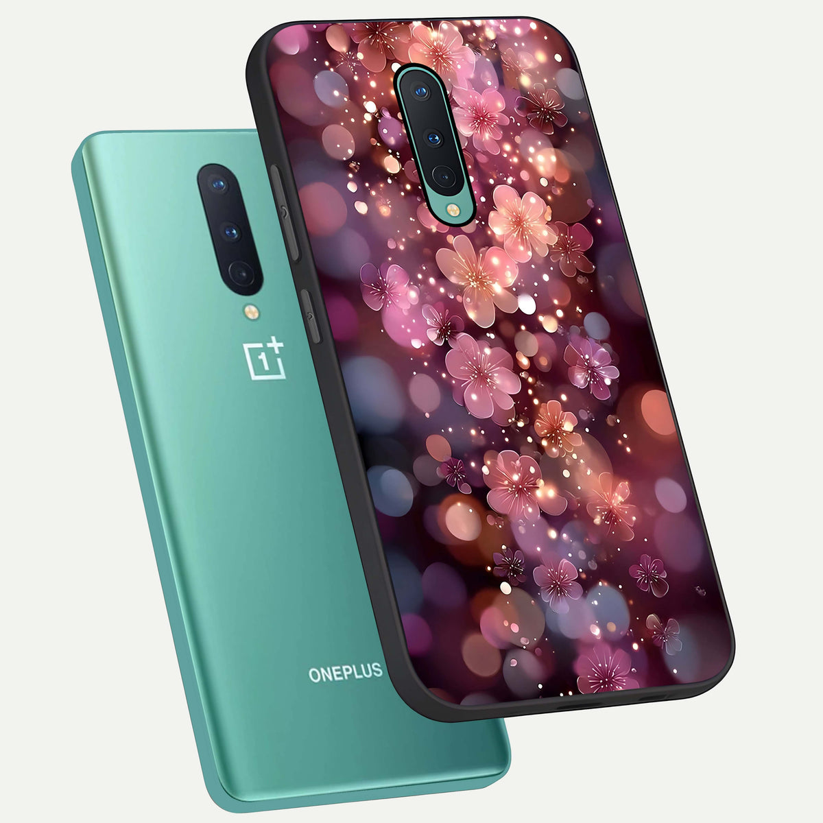  Glowing Petal Bliss phone case For OnePlus 8 showing premium glass back cover with detailed artwork