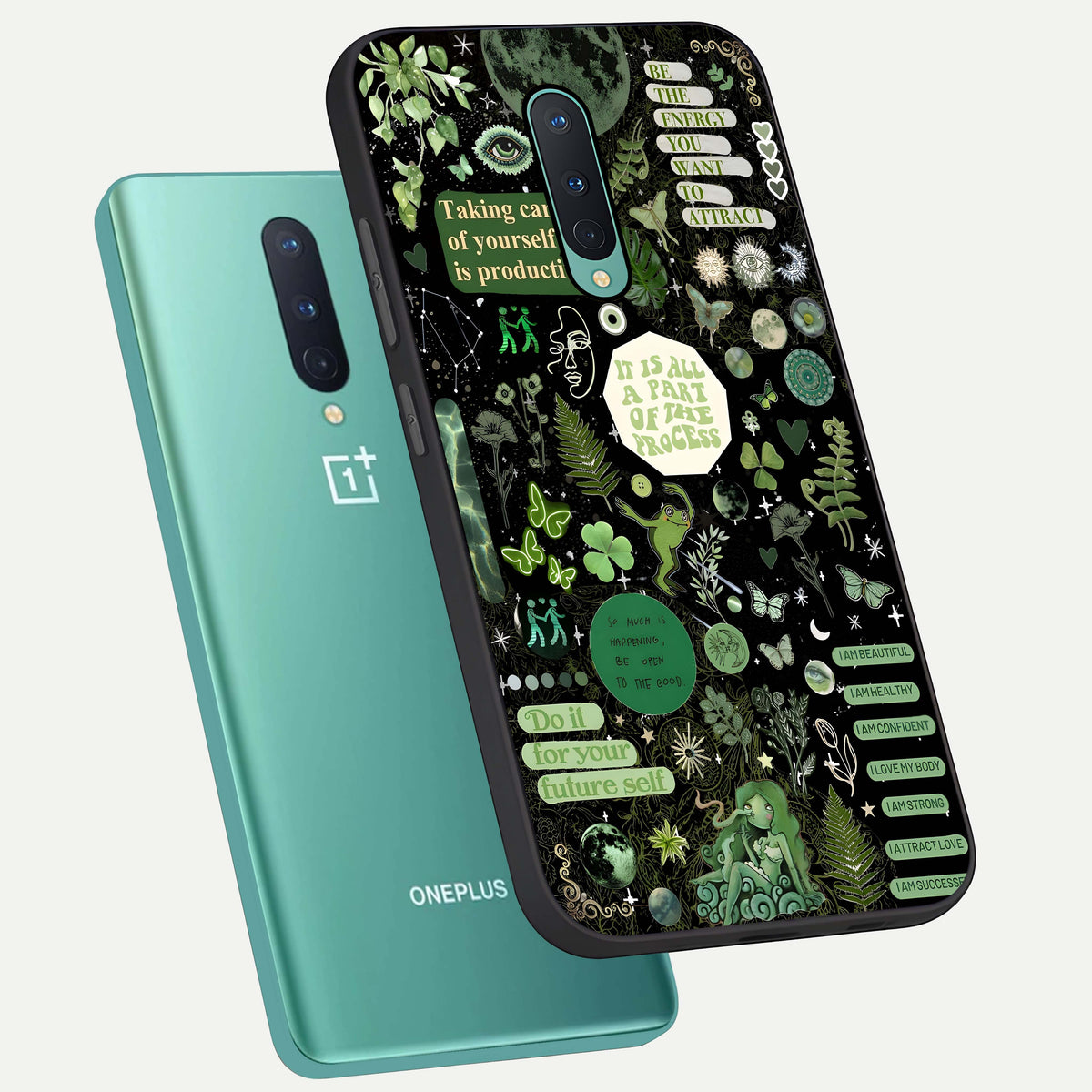  Green Mandala Pattern phone case For OnePlus 8 showing premium glass back cover with detailed artwork