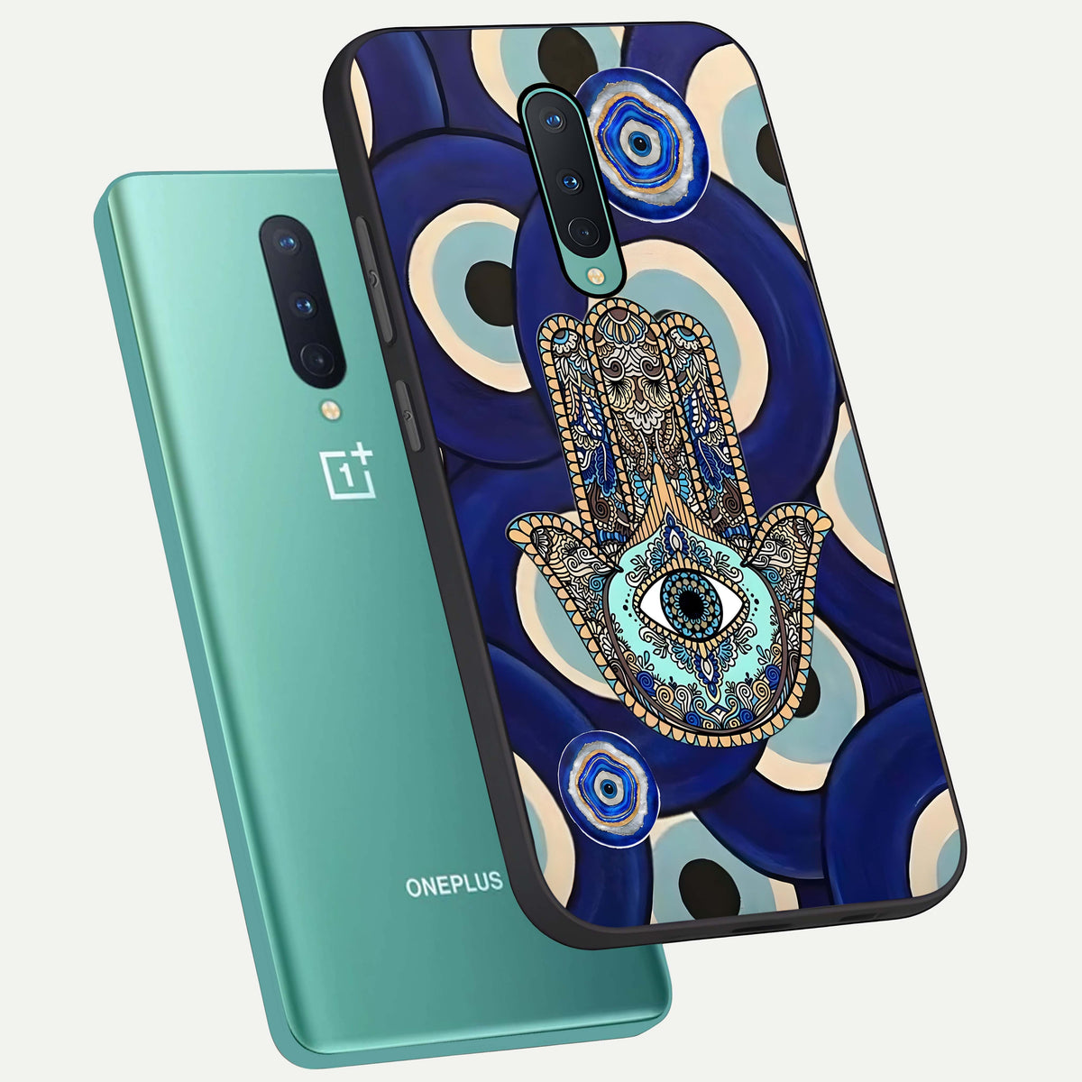  Hamsa Divine Guard phone case For OnePlus 8 showing premium glass back cover with detailed artwork
