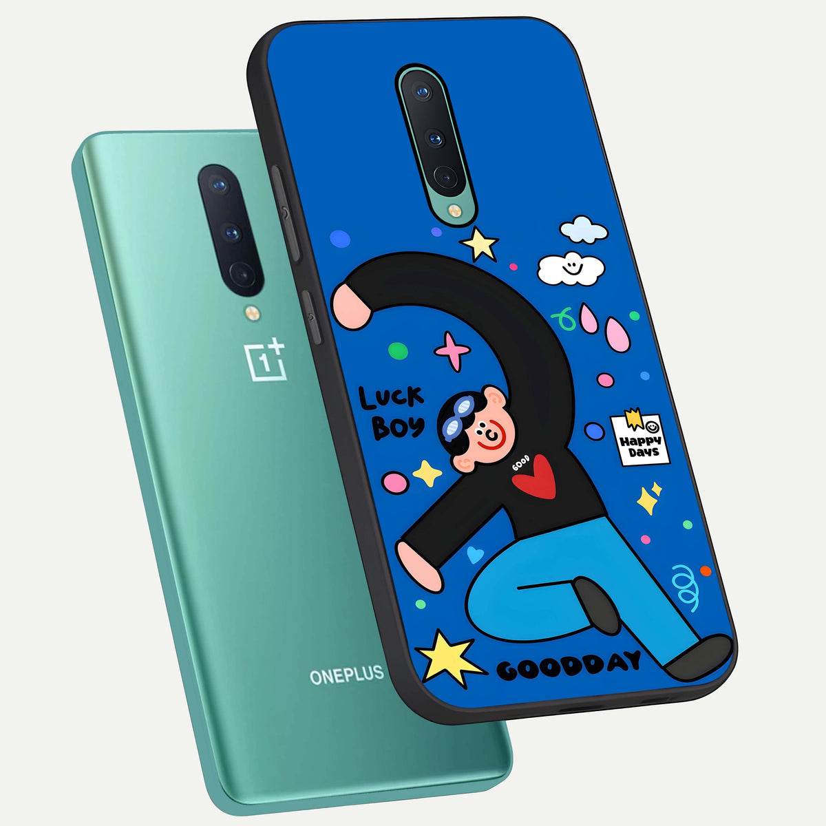  Happy Luck Vibe phone case For OnePlus 8 showing premium glass back cover with detailed artwork