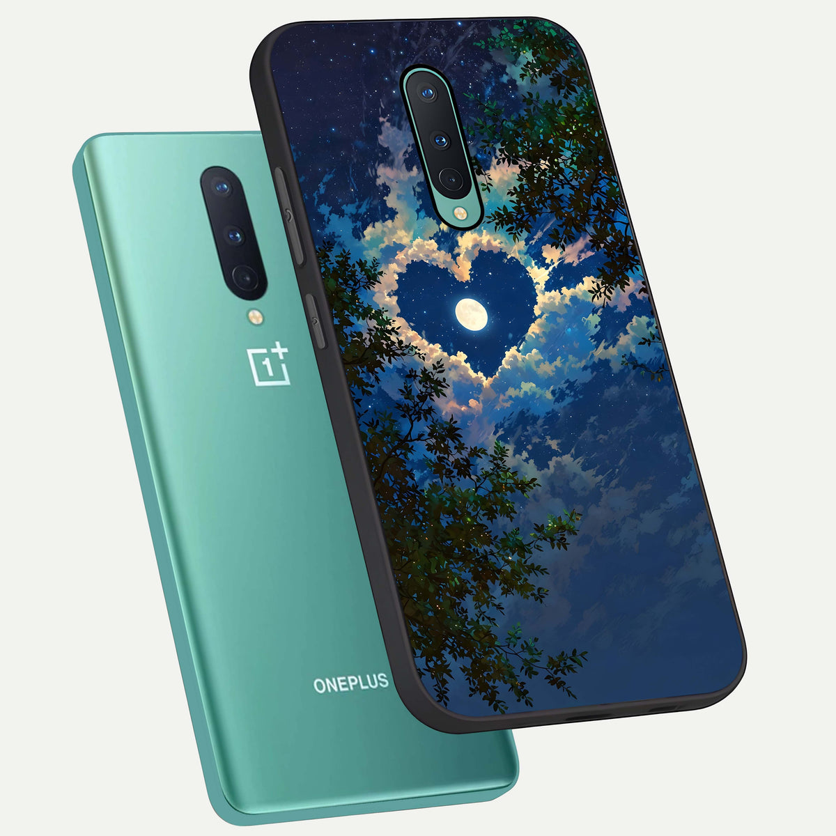 Heart With Moon Sky phone case For OnePlus 8 showing premium glass back cover with detailed artwork