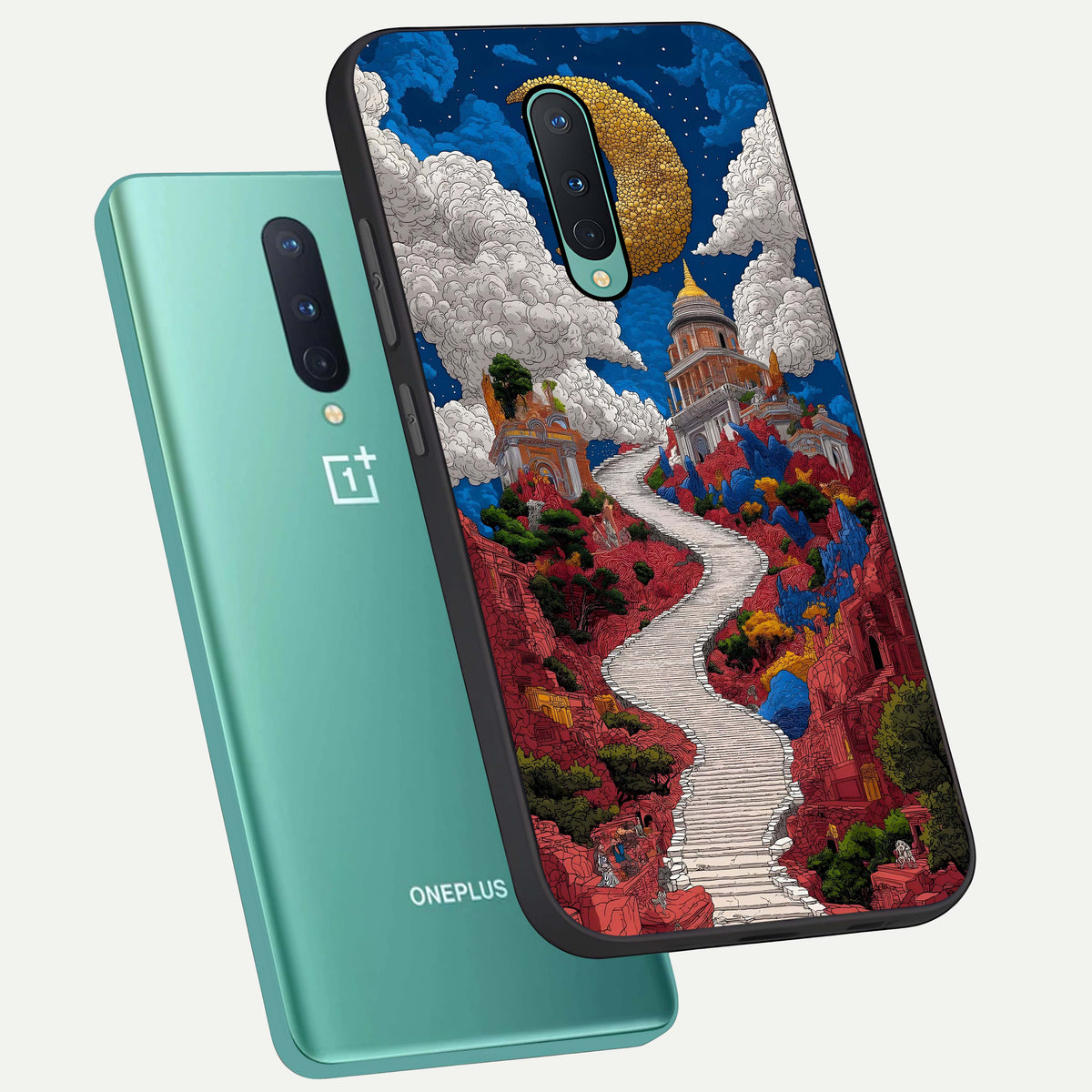 Heavenly Moon Path phone case For OnePlus 8 showing premium glass back cover with detailed artwork