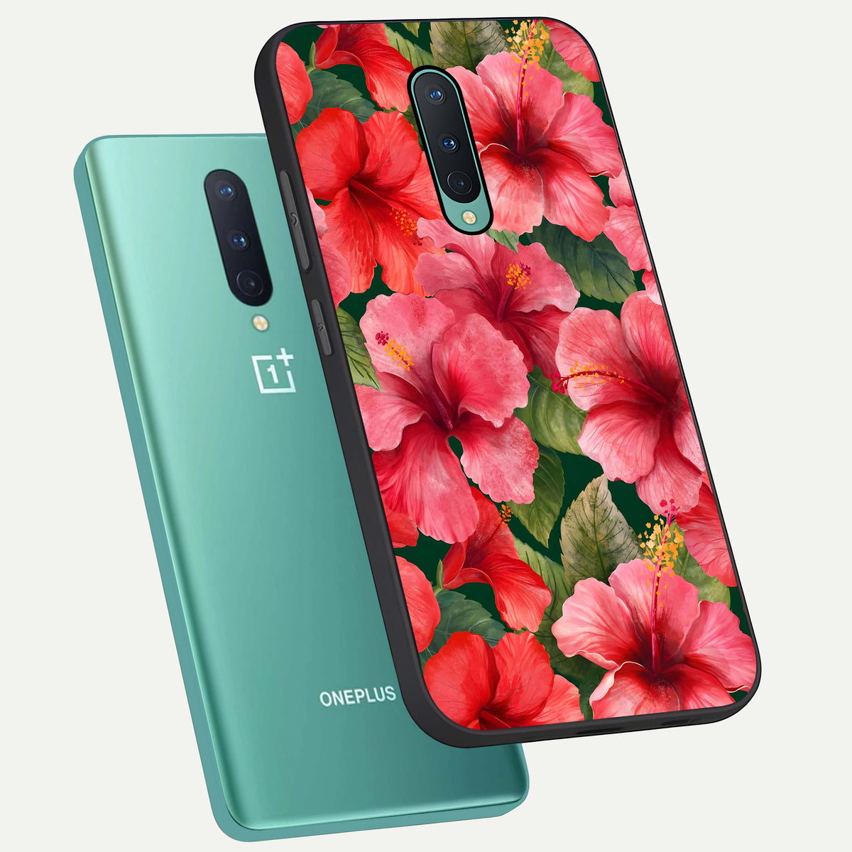  Hibiscus Pattern phone case For OnePlus 8 showing premium glass back cover with detailed artwork