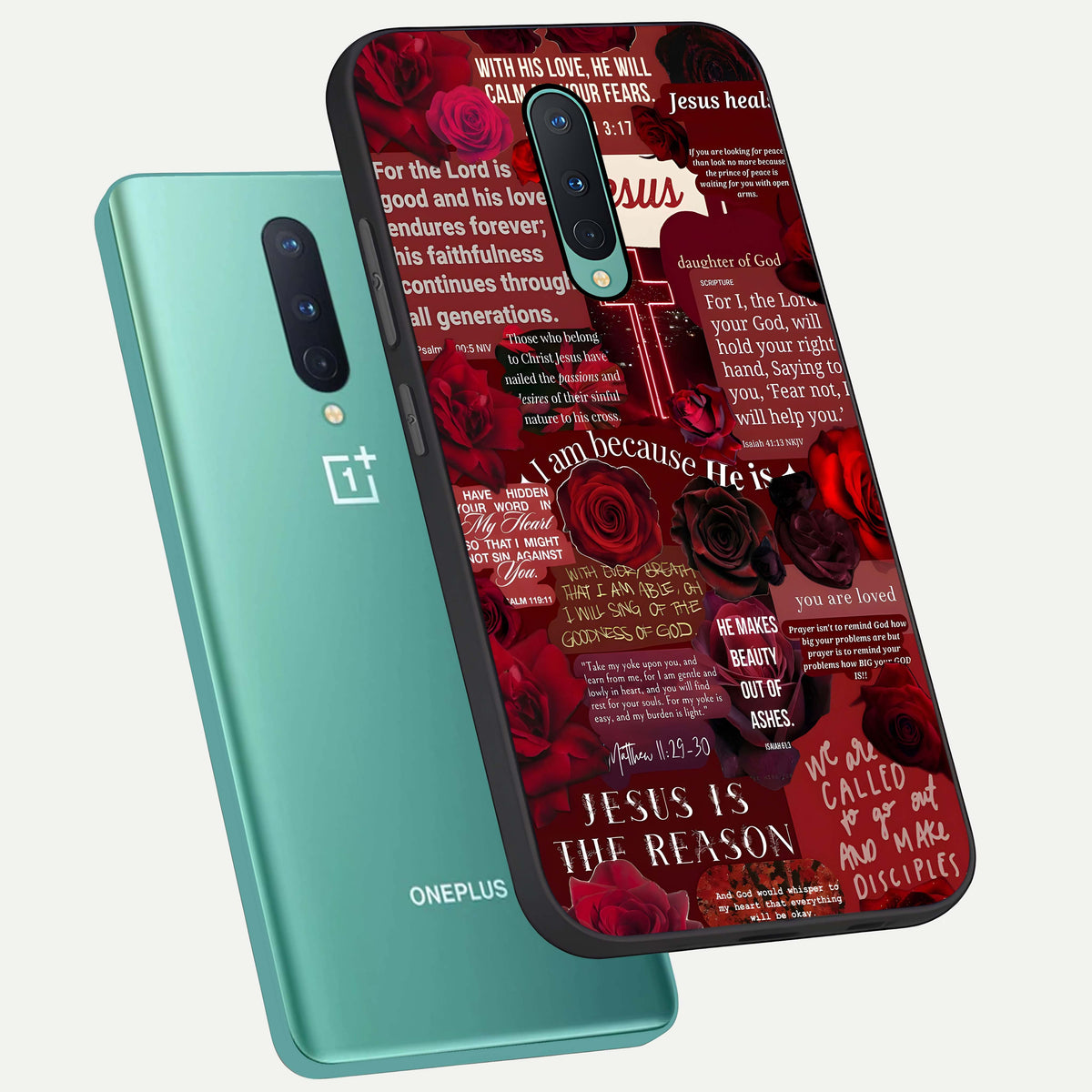  Jesus Love Heals phone case For OnePlus 8 showing premium glass back cover with detailed artwork