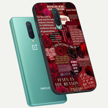  Jesus Love Heals phone case For OnePlus 8 showing premium glass back cover with detailed artwork