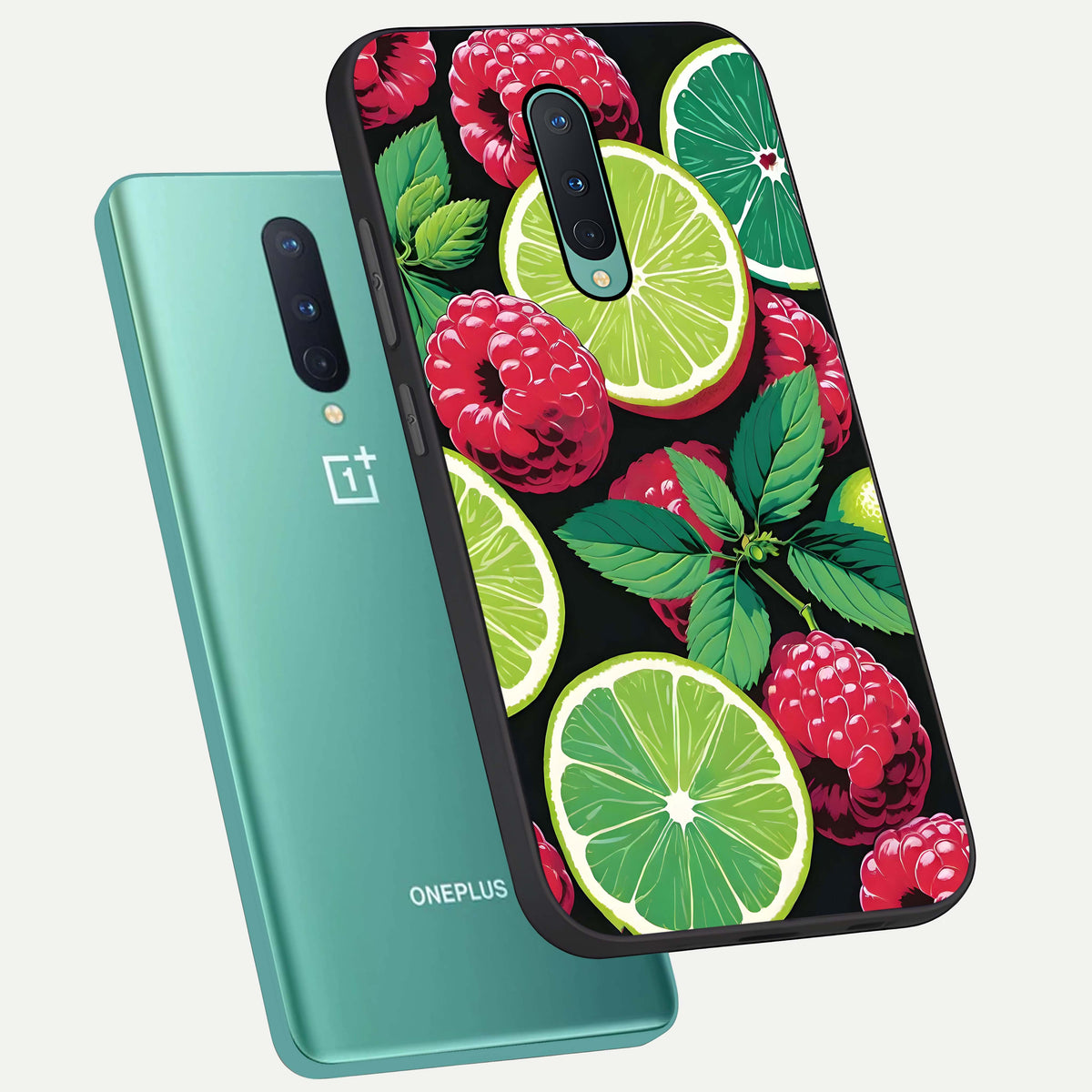  Lime and Raspberry Pattern phone case For OnePlus 8 showing premium glass back cover with detailed artwork