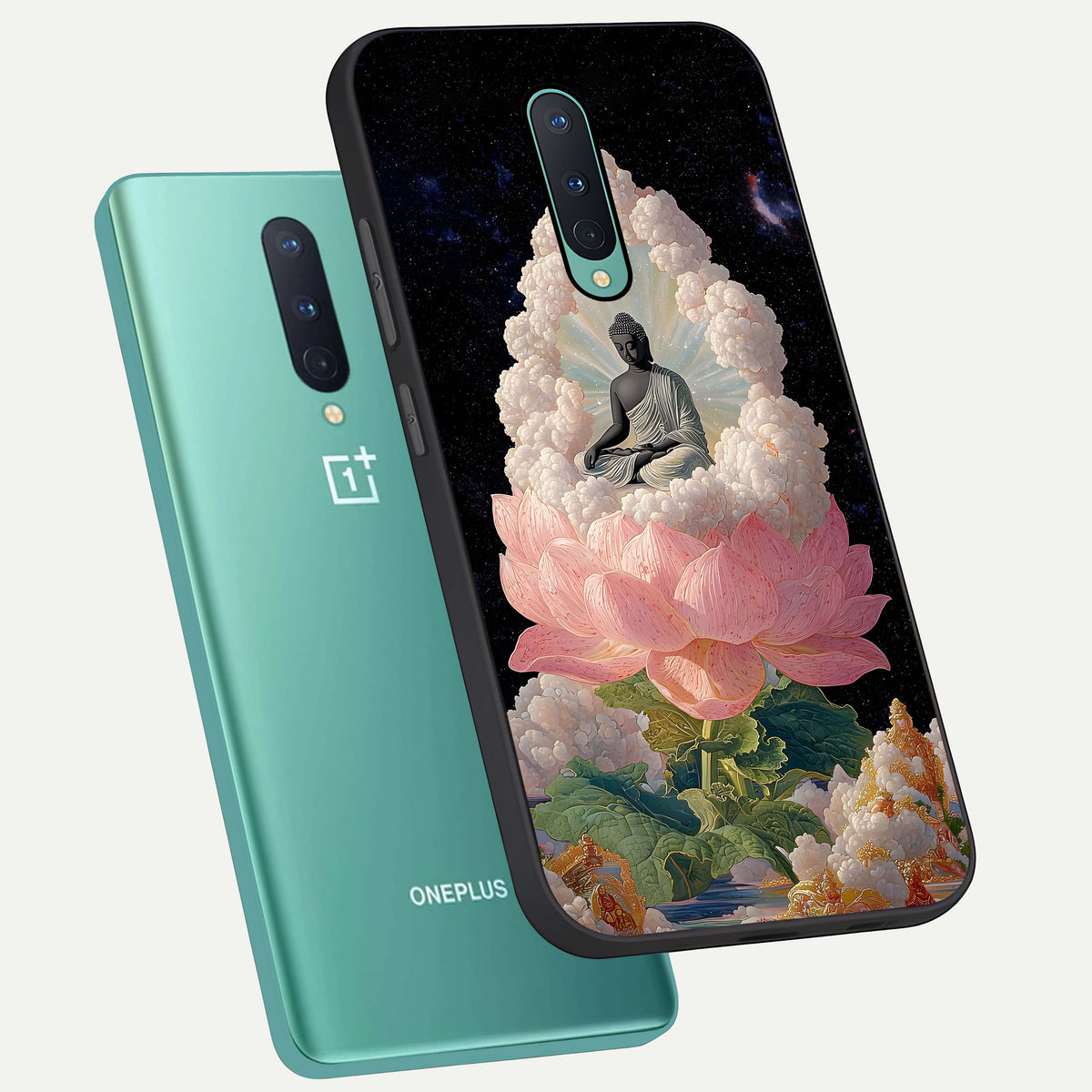  Lotus Divine Peace phone case For OnePlus 8 showing premium glass back cover with detailed artwork