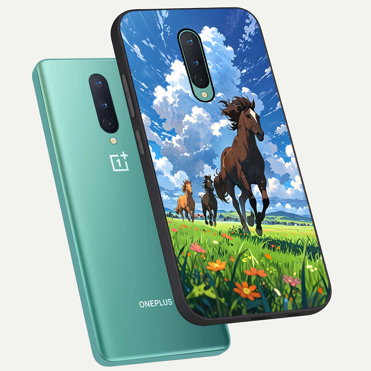  Majestic Horses Galloping phone case For OnePlus 8 showing premium glass back cover with detailed artwork
