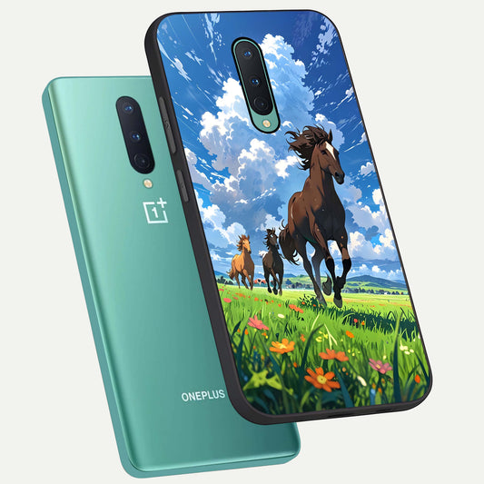  Majestic Horses Galloping phone case For OnePlus 8 showing premium glass back cover with detailed artwork