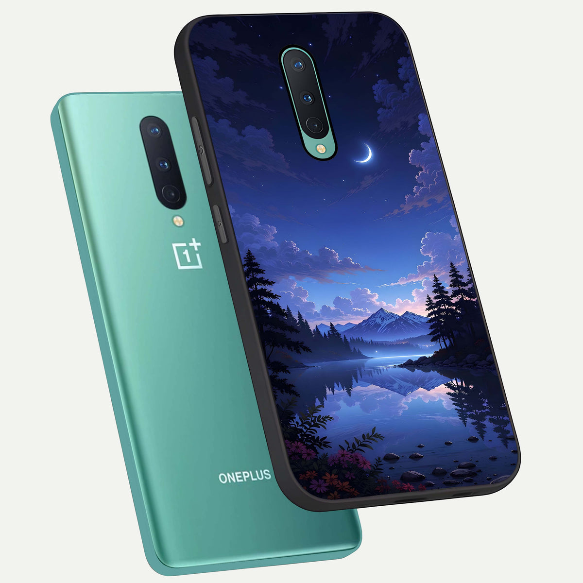  Midnight Lake Peace phone case For OnePlus 8 showing premium glass back cover with detailed artwork