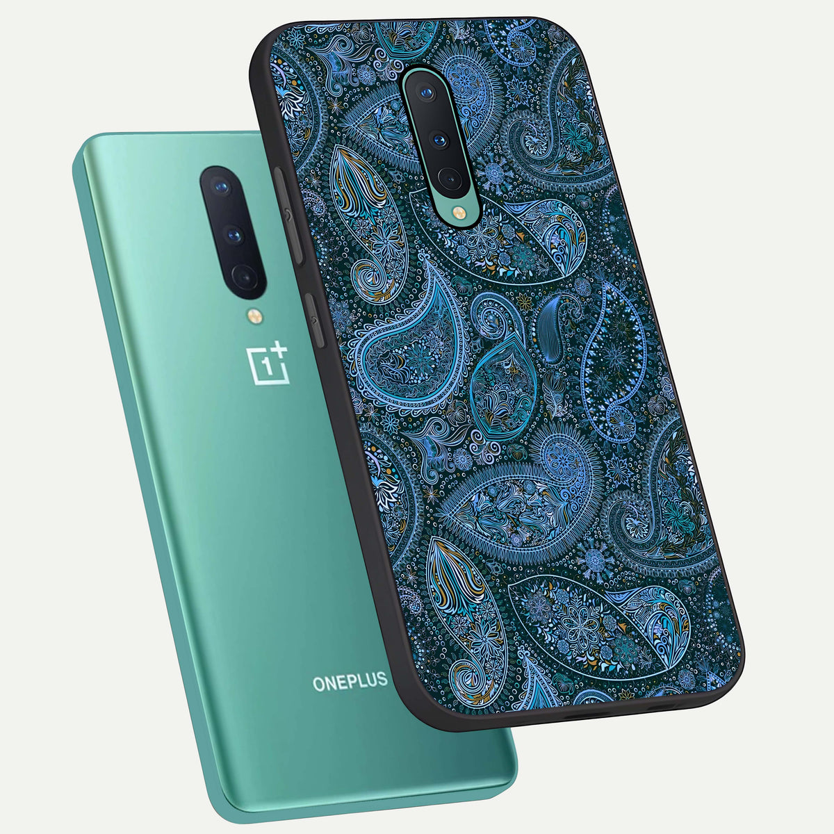  Midnight Paisley Glow phone case For OnePlus 8 showing premium glass back cover with detailed artwork