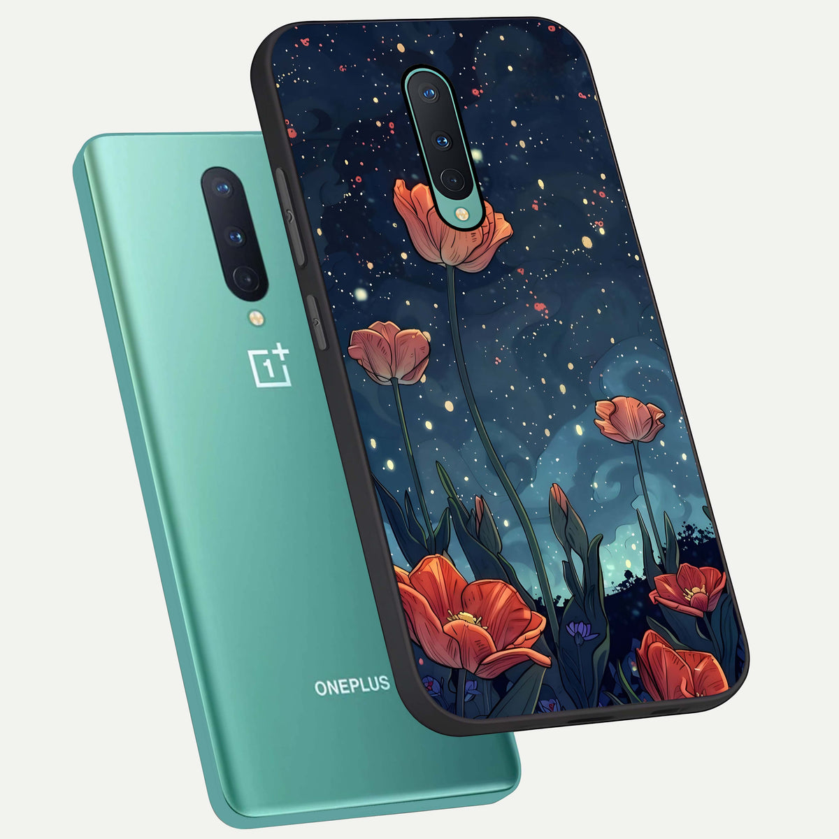  Midnight Tulip Glow phone case For OnePlus 8 showing premium glass back cover with detailed artwork