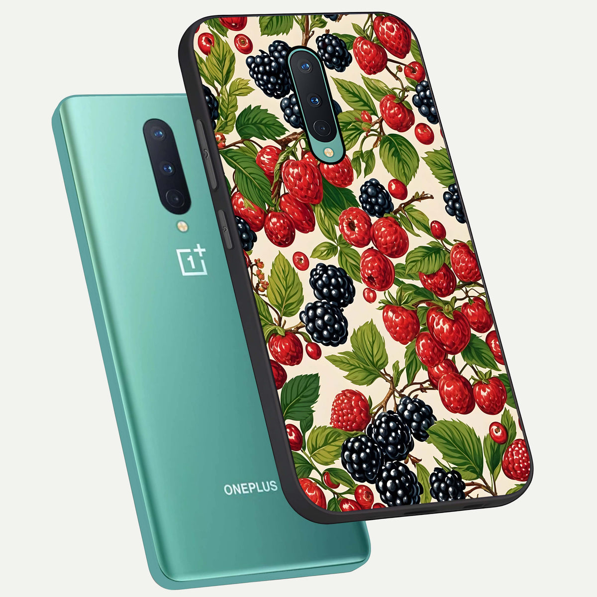  Mixed Berry Collage phone case For OnePlus 8 showing premium glass back cover with detailed artwork