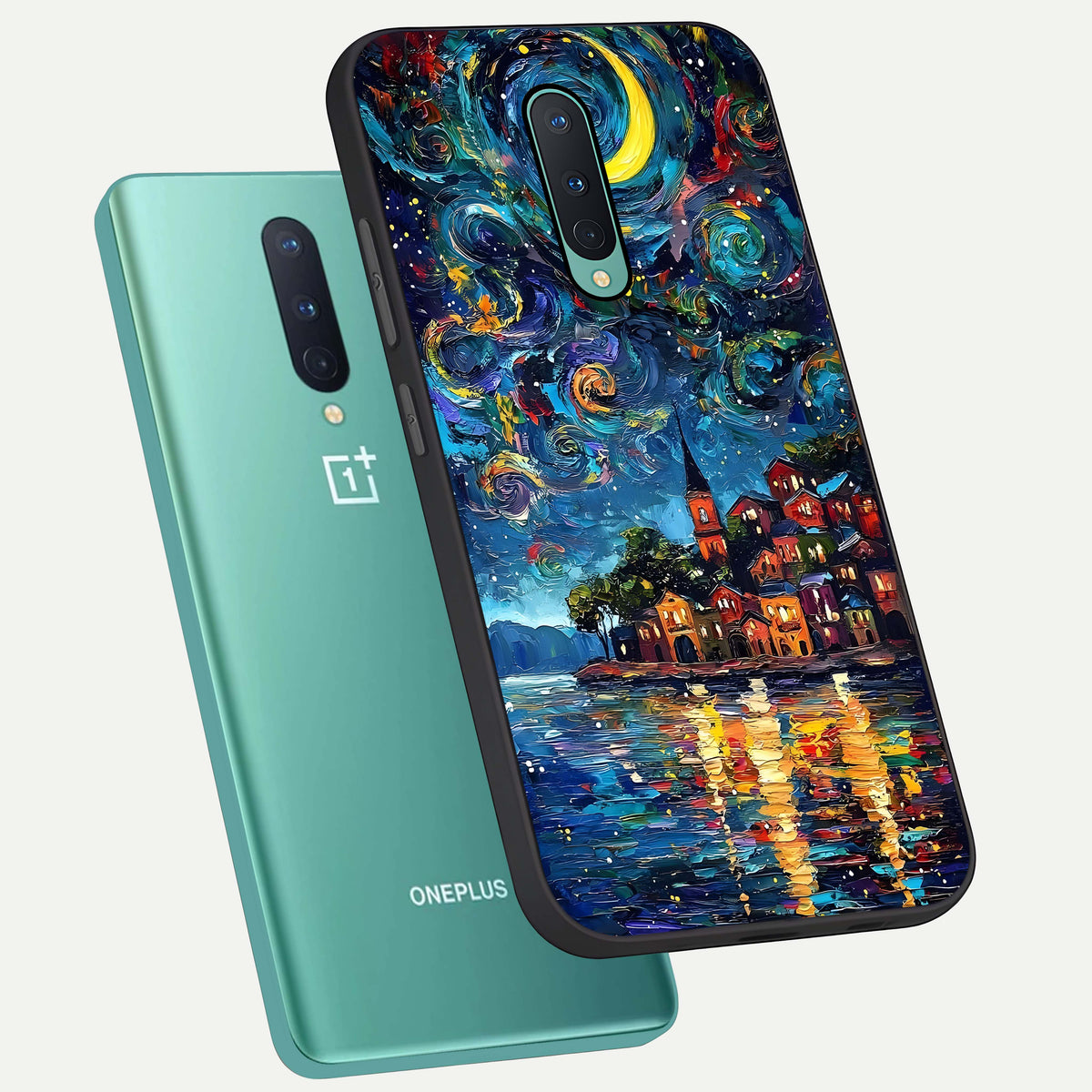  Moonlight Harbor Glow phone case For OnePlus 8 showing premium glass back cover with detailed artwork