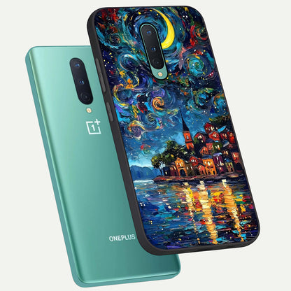  Moonlight Harbor Glow phone case For OnePlus 8 showing premium glass back cover with detailed artwork