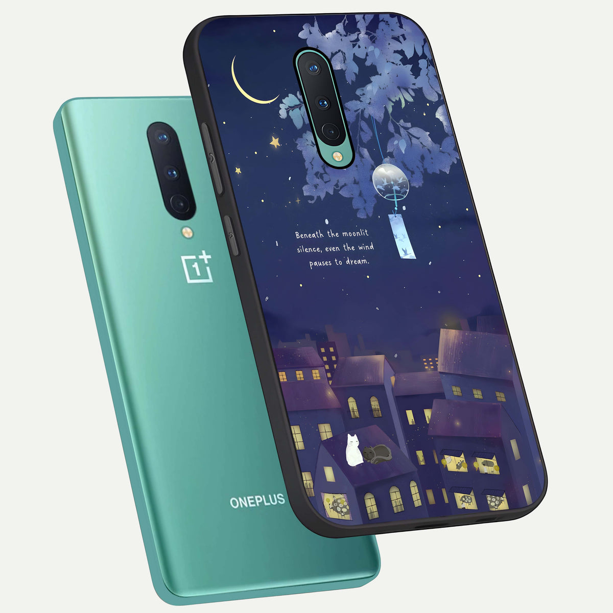  Moonlit Cat Silence phone case For OnePlus 8 showing premium glass back cover with detailed artwork