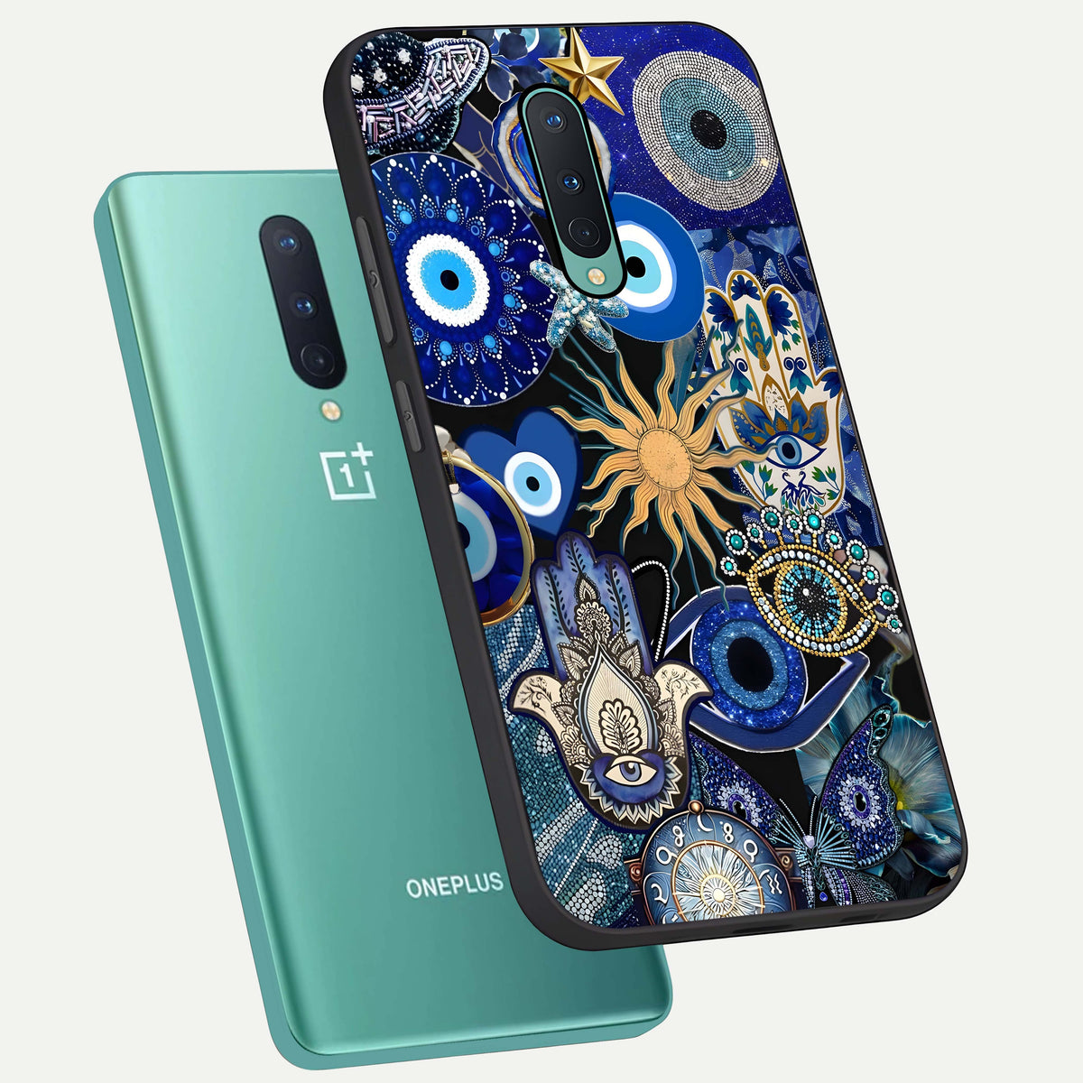  Mystic Blue Evil Eye phone case For OnePlus 8 showing premium glass back cover with detailed artwork