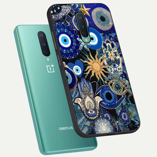  Mystic Blue Evil Eye phone case For OnePlus 8 showing premium glass back cover with detailed artwork