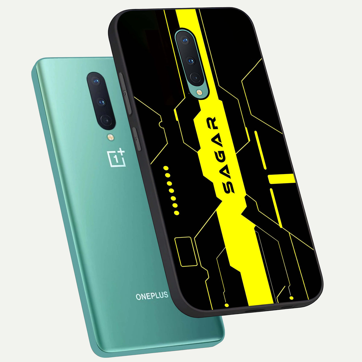  Neon CYBERPUNK Custom Name phone case For OnePlus 8 showing premium glass back cover with detailed artwork