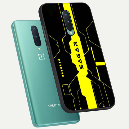  Neon CYBERPUNK Custom Name phone case For OnePlus 8 showing premium glass back cover with detailed artwork