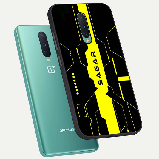  Neon CYBERPUNK Custom Name phone case For OnePlus 8 showing premium glass back cover with detailed artwork