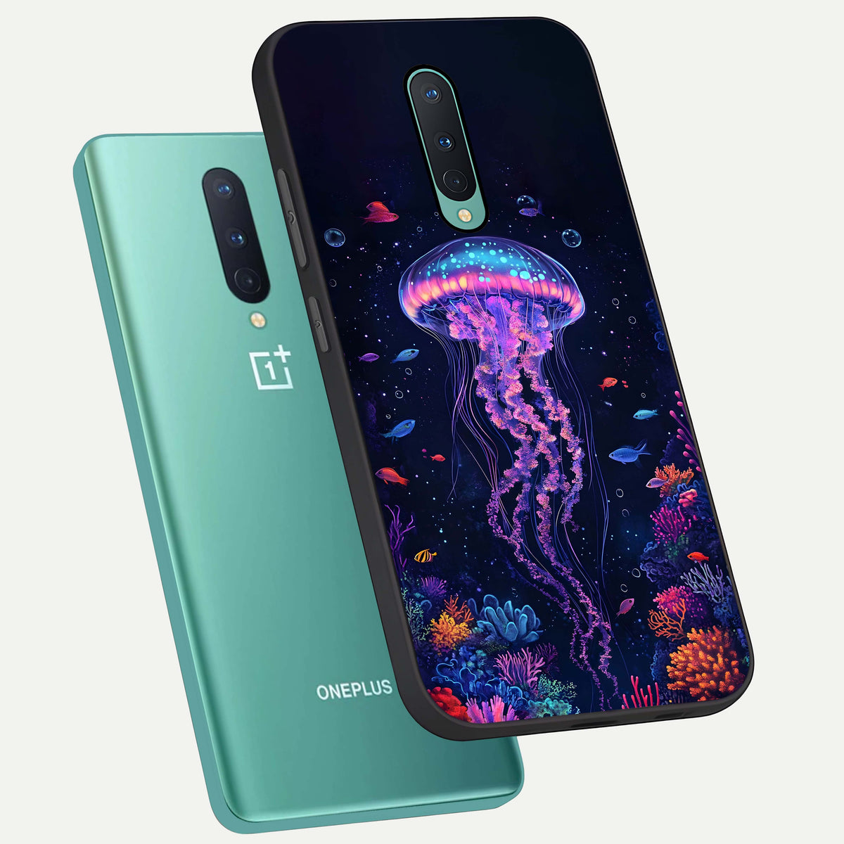  Neon Jellyfish phone case For OnePlus 8 showing premium glass back cover with detailed artwork