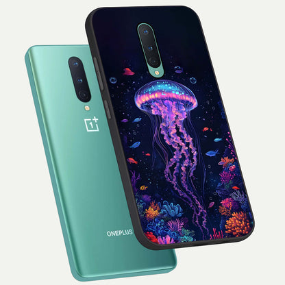  Neon Jellyfish phone case For OnePlus 8 showing premium glass back cover with detailed artwork