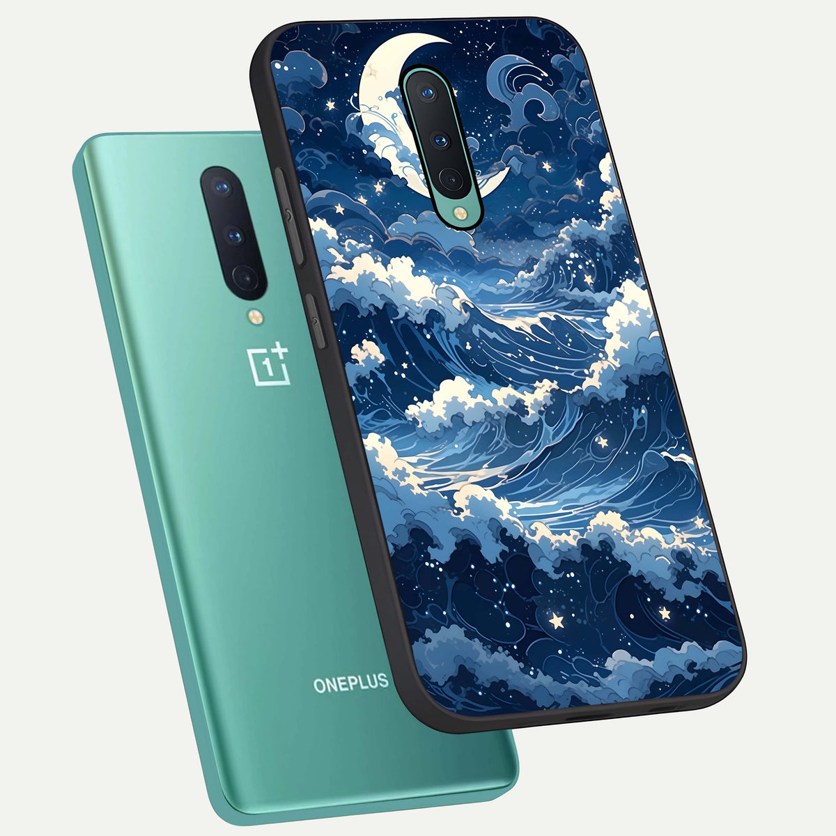  Ocean Moon Waves phone case For OnePlus 8 showing premium glass back cover with detailed artwork