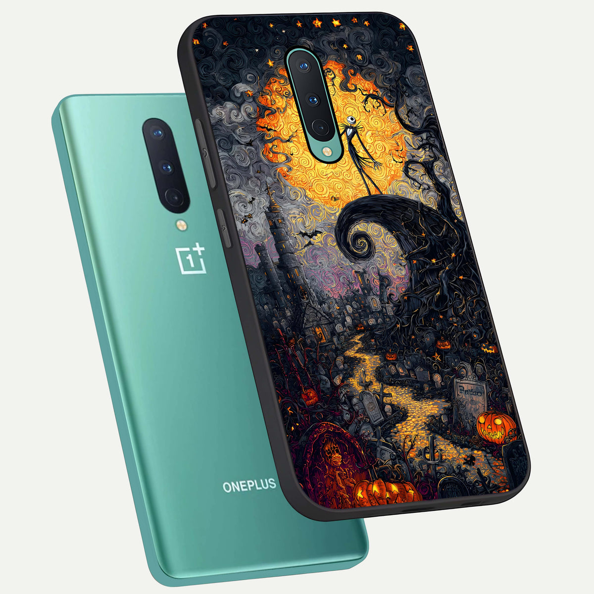  Pumpkin Moon Night phone case For OnePlus 8 showing premium glass back cover with detailed artwork