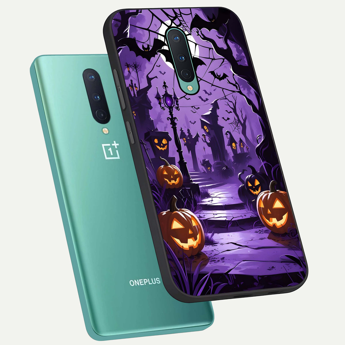 Pumpkin Patch Halloween phone case For OnePlus 8 showing premium glass back cover with detailed artwork