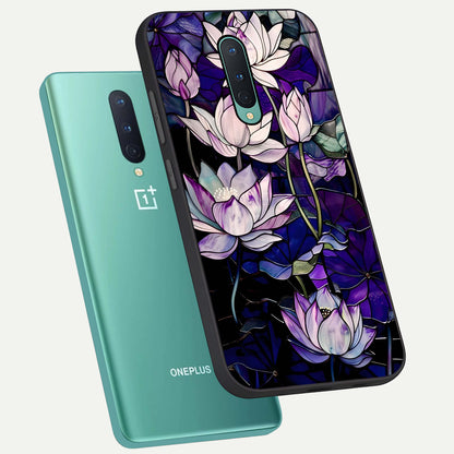  Purple Lotus Pattern phone case For OnePlus 8 showing premium glass back cover with detailed artwork