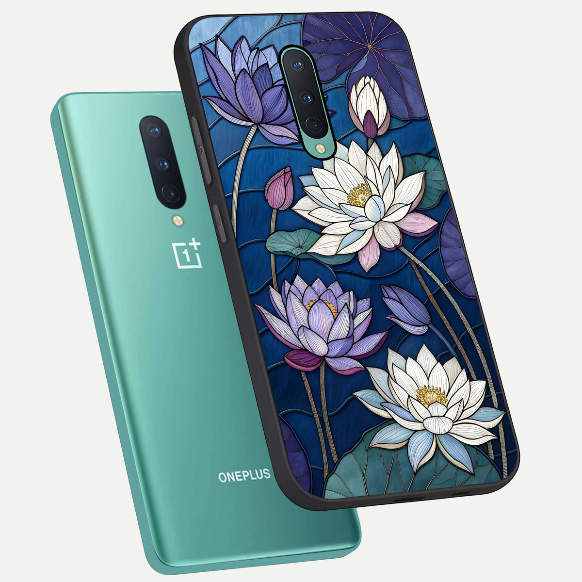  Purple Lotus Stained phone case For OnePlus 8 showing premium glass back cover with detailed artwork