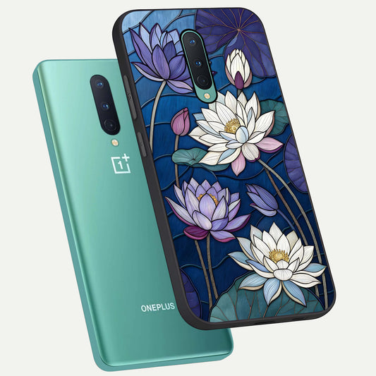  Purple Lotus Stained phone case For OnePlus 8 showing premium glass back cover with detailed artwork