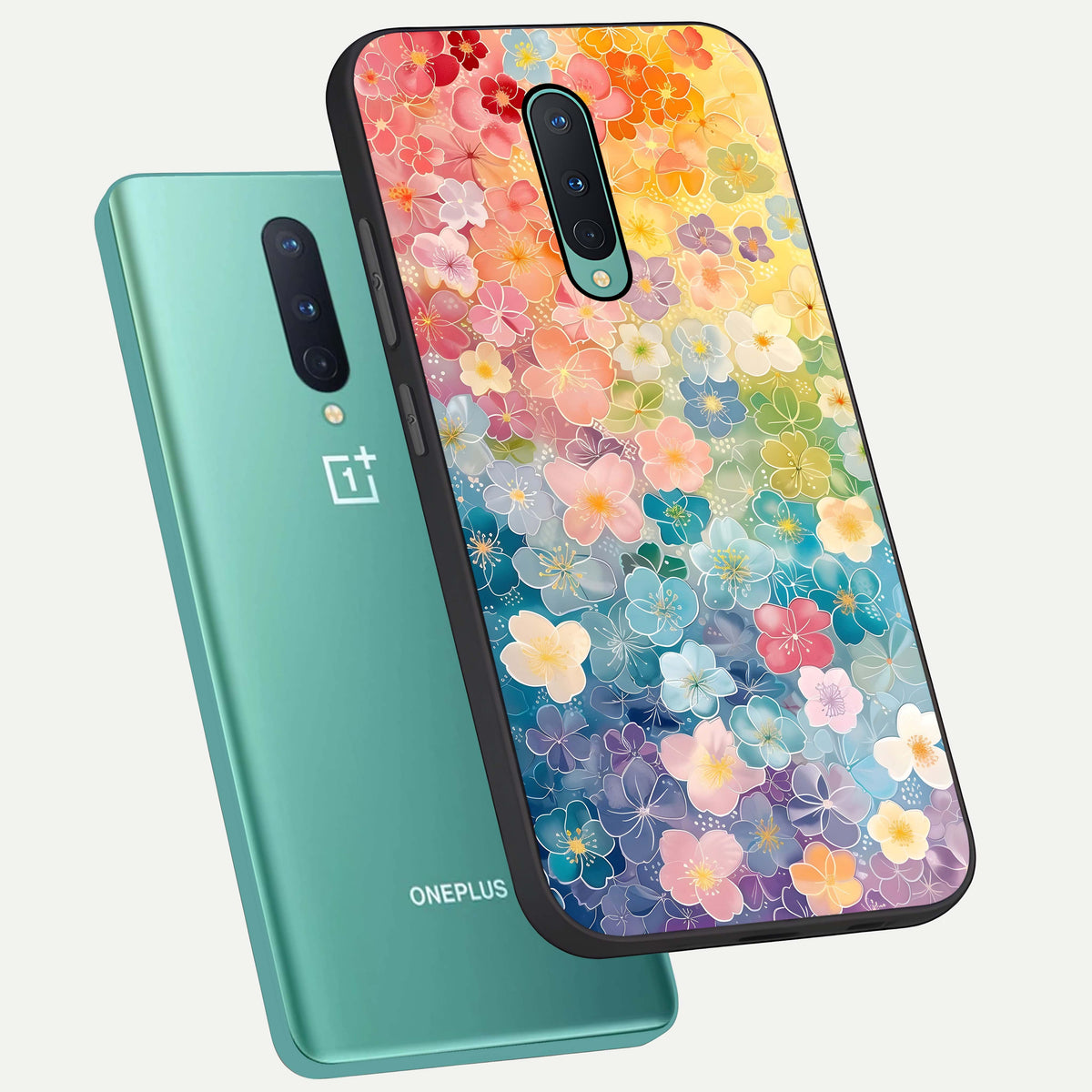  Rainbow Blossom Burst phone case For OnePlus 8 showing premium glass back cover with detailed artwork