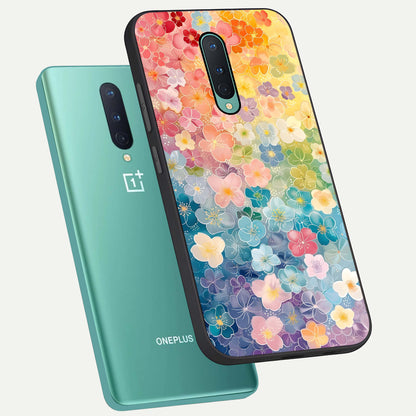  Rainbow Blossom Burst phone case For OnePlus 8 showing premium glass back cover with detailed artwork