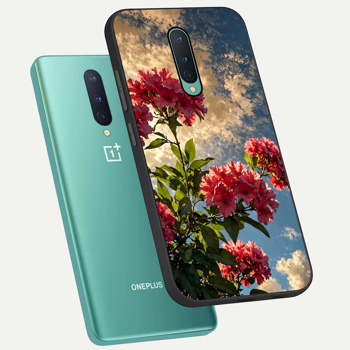 Red Bloom Skies phone case For OnePlus 8 showing premium glass back cover with detailed artwork