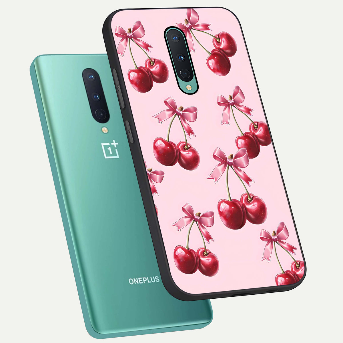  Red Cherries Pattern phone case For OnePlus 8 showing premium glass back cover with detailed artwork