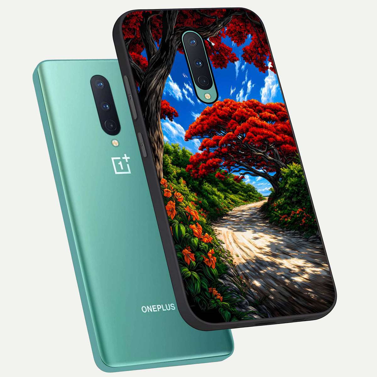  Red Trees Pathway phone case For OnePlus 8 showing premium glass back cover with detailed artwork