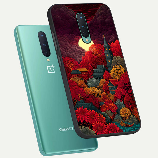  Scarlet Autumn Temple phone case For OnePlus 8 showing premium glass back cover with detailed artwork