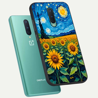  Starry Sunflower Dreams phone case For OnePlus 8 showing premium glass back cover with detailed artwork