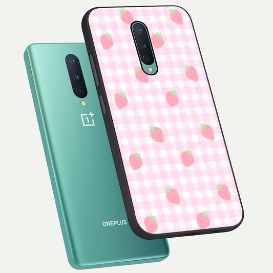  Strawberry Picnic Love phone case For OnePlus 8 showing premium glass back cover with detailed artwork