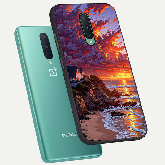  Sunset House By Sea phone case For OnePlus 8 showing premium glass back cover with detailed artwork
